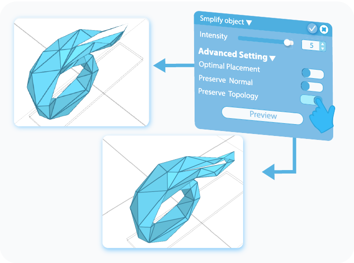 Toggle to enable the Preserve Topology option in the Advanced Settings of the Simplify Object tool